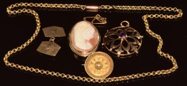 Victorian 9ct gold chain with barrel clasp (3.1g), Edwardian 9ct gold pendant (2.1g), 9ct gold