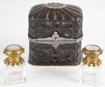 19th/20thC carved wood scent / perfume etui casket, the bottles with inset watercolours of classical