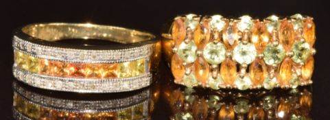 Two 9k gold rings, one set with yellow sapphires and diamonds and the other citrine and peridot,