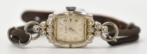 Elgin 14ct white gold ladies wristwatch with twelve diamonds set to the case, silver hands, hour