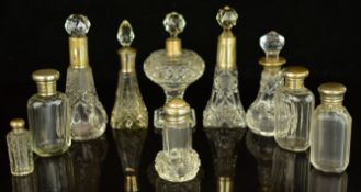 Ten hallmarked silver and cut glass scent / perfume bottles, tallest 14cm