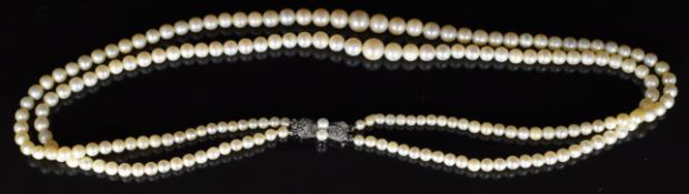 A double strand of cultured pearls with 9ct gold clasp set with a pearl and diamonds, 28g, 42cm
