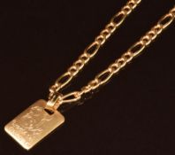 An 18ct gold curb link necklace with 18ct gold pendant engraved 'Ricardo del Battesimo' meaning
