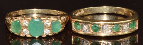 Two 9ct gold rings set with emeralds and diamonds, 4.9g, size N & L