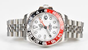 Custom modified Seiko 5 GMT gentleman's automatic wristwatch with date aperture, red and black