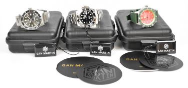 Three San Martin diver's automatic wristwatches, one 'Watermelon' with graduated red dial, green