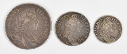 Three William III Chester coins comprising 1696 half crown, 1697 shilling and 1697 sixpence