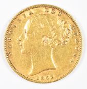 1863 Queen Victoria gold full sovereign with young head and shield reverse, F