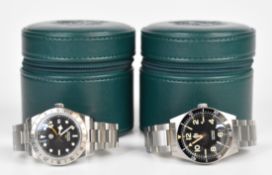 Two San Martin diver's automatic wristwatches, one GMT with date aperture, luminous hands and hour