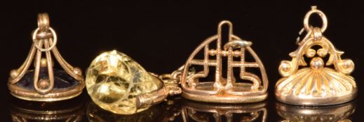 Three gold plated seals and a 9ct gold swivel fob set with glass