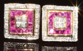 A pair of 9ct gold earrings set with diamonds and calibre cut rubies in a square setting, 1.8g (