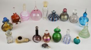 A collection of studio / art glass scent / perfume bottles and a vase, some signed, includes