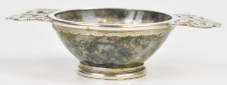 Scottish moss agate silver mounted quaich with pierced and engraved handles, width 10.5cm
