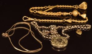 A 9ct gold necklace (damaged, 2.8g), 9ct gold back and front locket on yellow metal Victorian