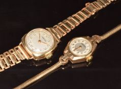 Two Vertex 9ct gold ladies wristwatches, one Art Deco style with gold hands and Arabic numerals,