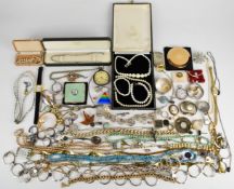 A collection of jewellery including diamanté necklace, Georgian silver caddy spoon, two silver fob