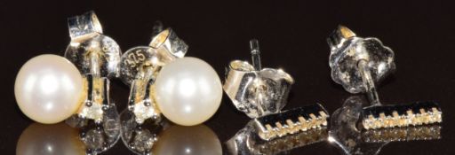 Two pairs of 9ct white gold earrings, one pair set with diamonds and the other a pearl and