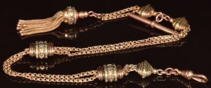 Victorian 9ct gold fob watch chain with tri-coloured sliders and tassel charm, 22.9g, 34cm