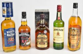 Five bottles of Irish and Scotch Whisky comprising Jameson, Whyte & Mackay, Grant's and Chivas