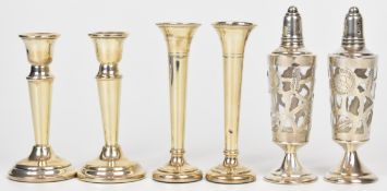 Pair of modern hallmarked silver candlesticks, height 11cm, pair of hallmarked silver trumpet