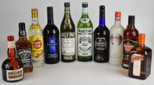 Ten bottles of mixed alcohol to include Jack Daniel's, Havana Club, Harvey's Bristol Cream, Martini,