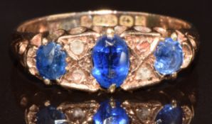 Edwardian 9ct gold ring set with sapphires and rose cut diamonds, Birmingham 1906, 2.4g, size M
