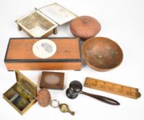 Oak and specimen wood glove box with Old English Sheepdog plaster cartouche, Arts & Crafts