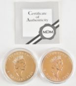 Two Canadian maple leaf 1oz silver coins comprising 1994 and 1995, one with MDM The Crown