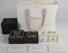 Three Clogau silver rings, two in original boxes and a Clogau silver bangle in original box
