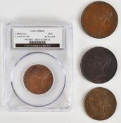 Four Victorian pennies and half pennies comprising a slabbed 1854, 1898, 1853 and 1859, mostly fine