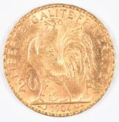 1904 French 20 Franc gold coin, 6.45g 0.900 gold