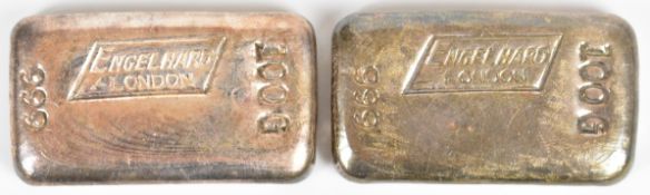 Engelhard London two 100g .999 fine silver bullion bars or paperweights, with receipt dated 1969