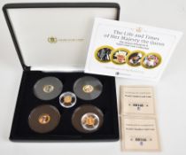 'The Life and Times of Her Majesty the Queen' four coin or medallion set, struck in 9ct gold,