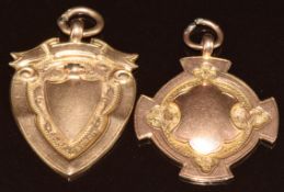 A 9ct rose gold fob and a yellow metal fob (tests as 9k), 8.9g