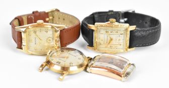 Four Bulova Art Deco style gold plated wristwatches, one with engraved case on black leather