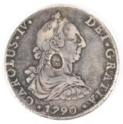Countermarked emergency-issue George III Dollar struck on a 1790 Bolivia 8 Reales of Charles IV with