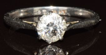 A platinum ring set with a round brilliant cut diamond of approximately 0.5ct, 2g, size I/J
