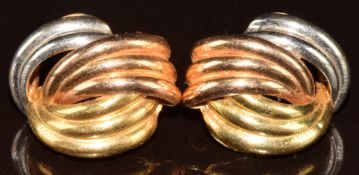 A pair of 18ct gold tri-coloured earrings, 3.6g