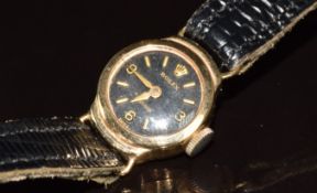 Rolex Precision 9ct gold ladies wristwatch with gold hands, hour markers and Arabic numerals,