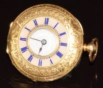 Continental 18ct gold half hunter pocket watch with black Roman numerals, blued hands, white