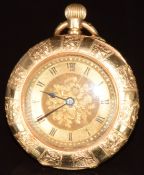 Unnamed 15k gold keyless winding open faced pocket watch with blued hands, black Roman numerals,