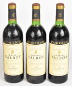 Three bottles of Chateau Talbot, Saint-Julien, Grand Cru Classé Bordeaux red wine, 1979, 75cl.
