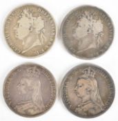 Four George IIII and Queen Victoria crowns comprising two 1822, 1889 and 1892, weight 110g