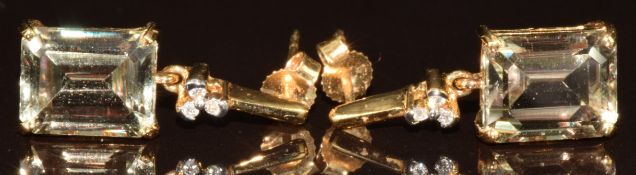 A pair of 18k gold earrings set with octagon cut zutanite and diamonds, with certificate, 5g