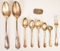 Two Russian or similar 875 grade silver table spoons, length 22cm, various hallmarked silver cutlery