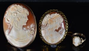 A 9ct gold brooch set with a cameo depicting a young woman (4.2 x 5.6cm), 9ct gold ring set with a