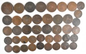 Approximately forty three 18th/19thC half and penny bronze trade tokens, some multiples, subjects