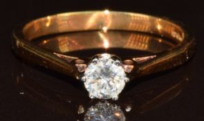 An 18ct gold ring set with a round brilliant cut diamond of approximately 0.33ct, 3.6g, size R
