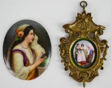 Enamel plaque depicting a lady selling cloth, likely on copper, maximum diameter 3.5cm, in gilt