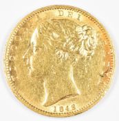1848 Queen Victoria gold full sovereign with young head and shield reverse, F